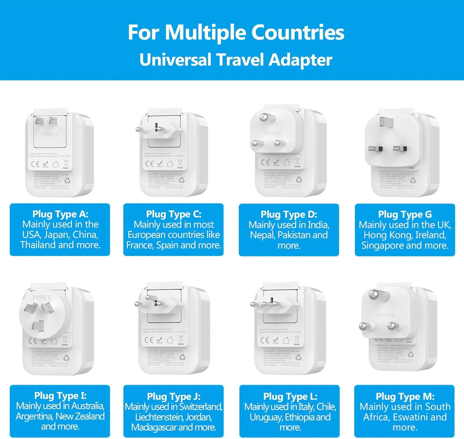 Thumbnail 1 de JSVER Adaptateur prise universelle voyage avec USB‑C (PD 20 W) et 8 connecteurs