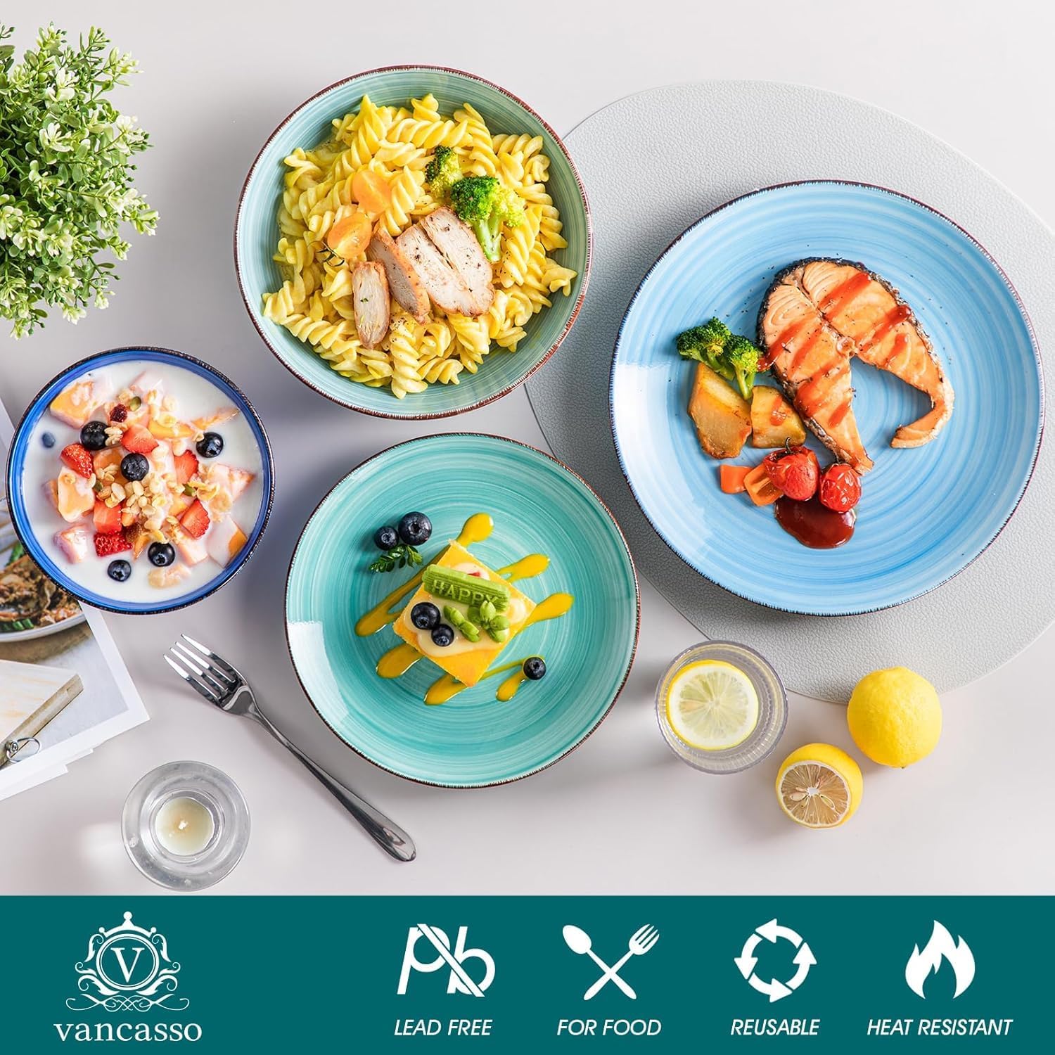 Thumbnail 2 de Vancasso Bonita stoneware dinnerware set (24 pieces) for 6 — hand-painted spiral design in blue