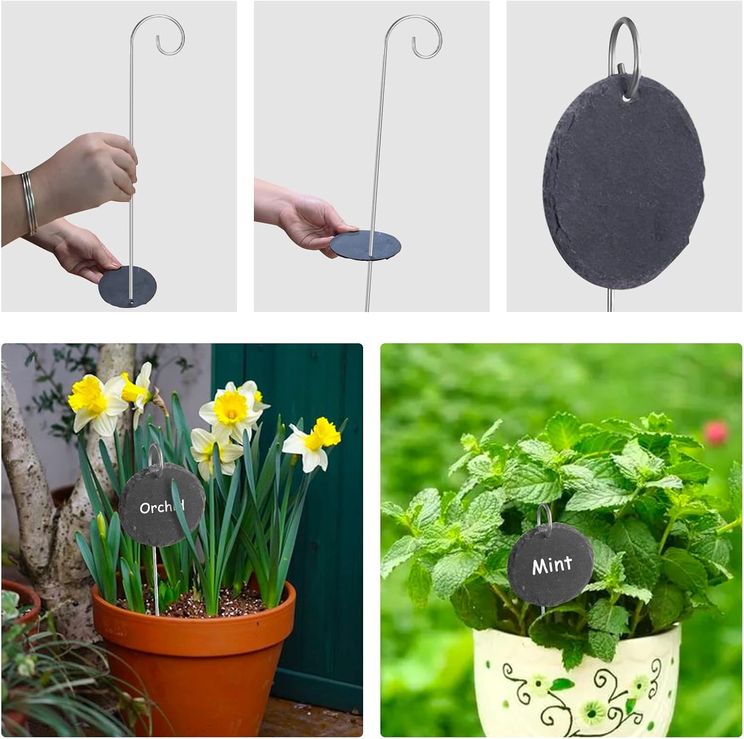 Thumbnail 3 de HIUOUIH Étiquettes de Jardin en Ardoise Naturelle – Lot de 10, Rondes 7,5 cm, avec tiges en inox et craies