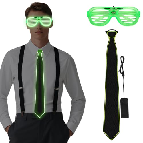 Detalle de Alaoo Gafas LED Luminosas y Conjunto de Corbata y Pajarita Luminosas – Verdes