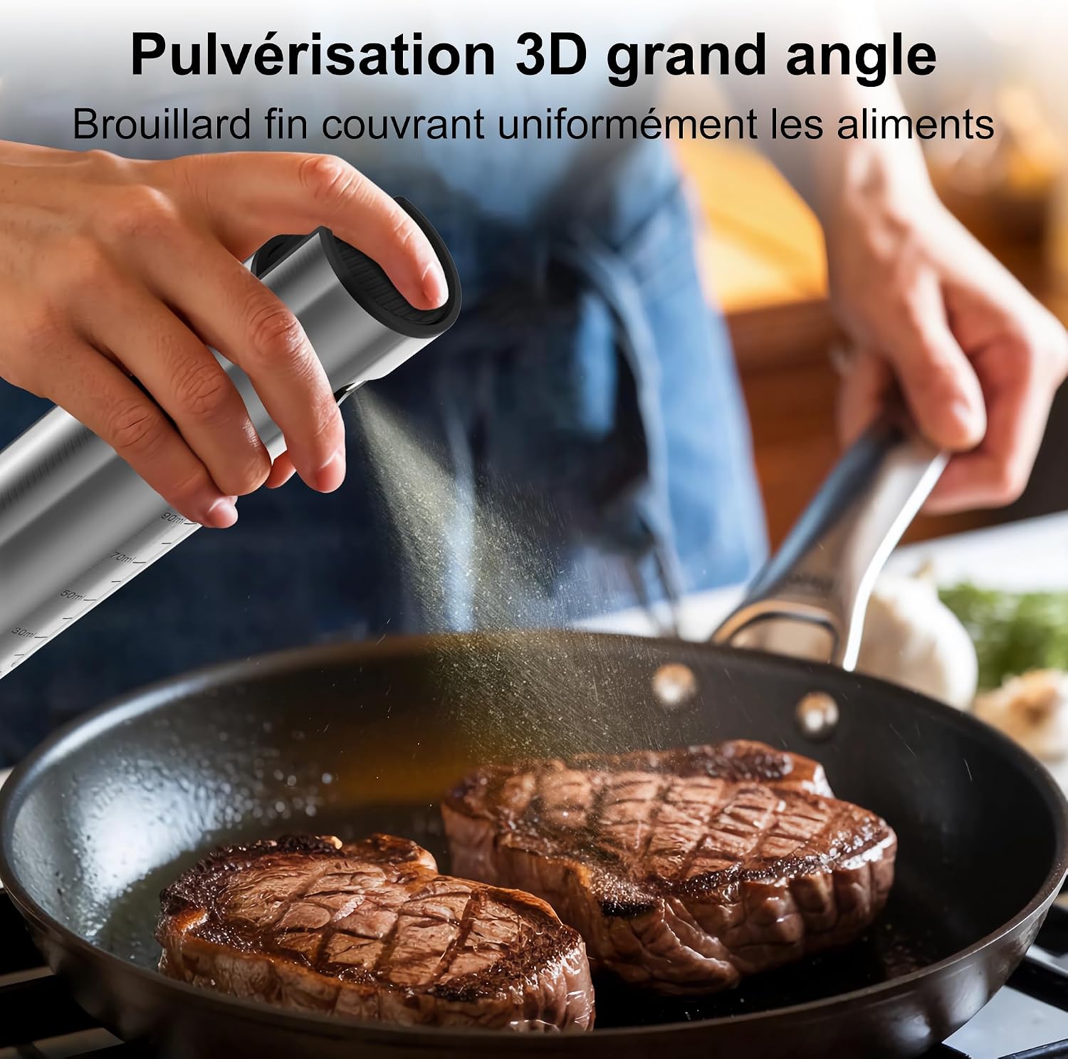 Detalle de KitchenBoss Spray Huile Cuisine Pulverisateur 100ml (2 pièces) – Inox et Verre, pulvérisation précise