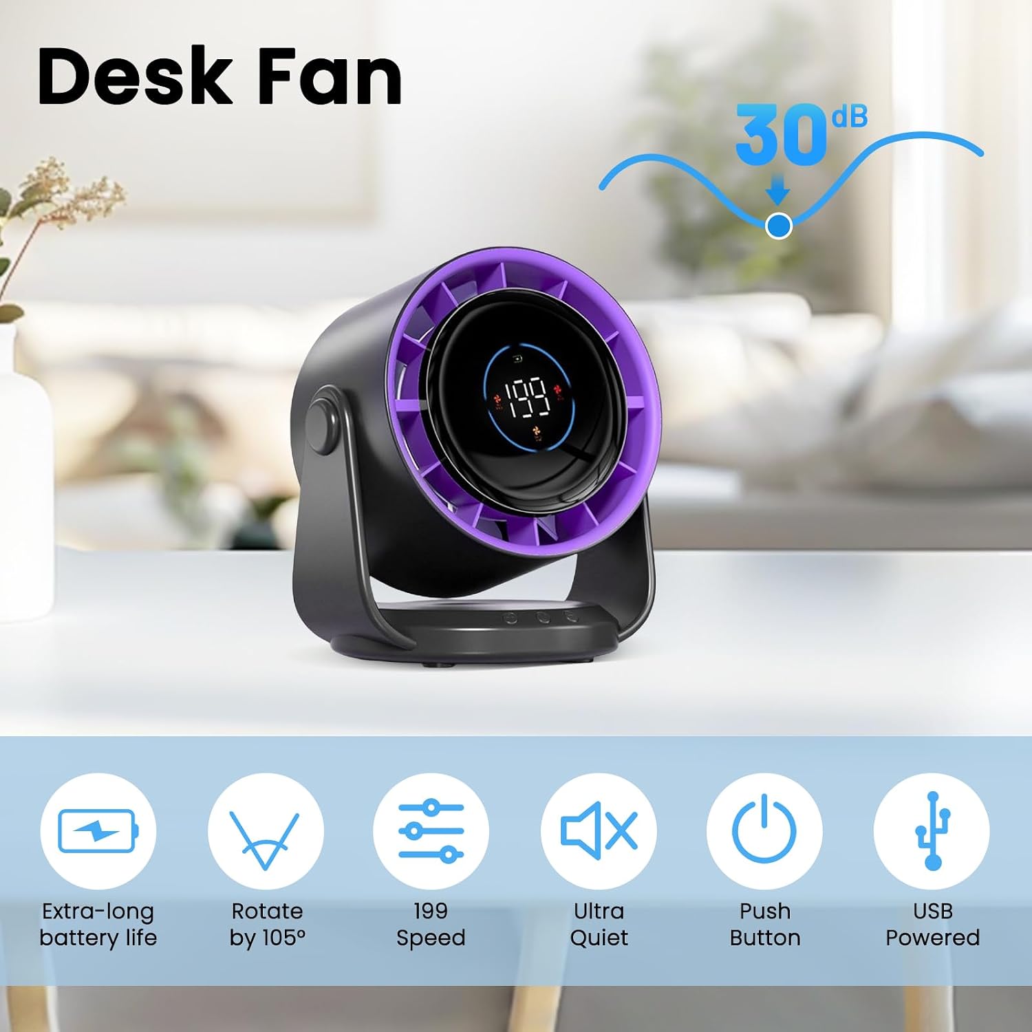 Detalle de PTHTECHUS Ventilatore da tavolo con grande flusso d'aria, batteria da 5000 mAh e display LED
