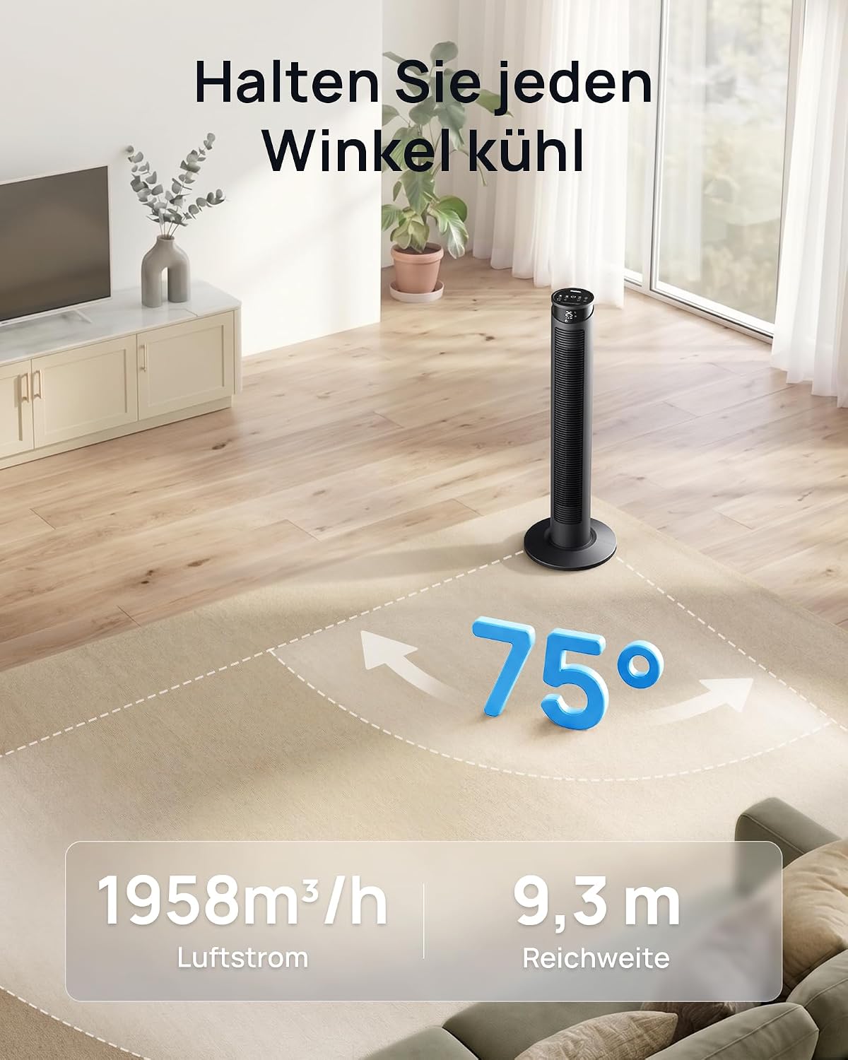 Detalle de WoleixKlima Turmventilator – sehr leise, 75° Oszillation, Fernbedienung, 12h Timer, 40W