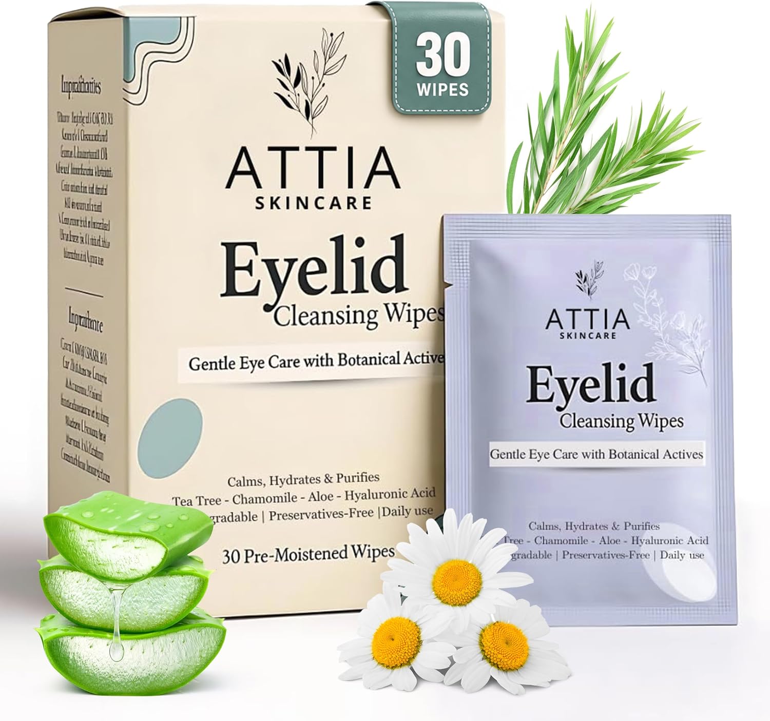 Detalle de Attia Skincare Tea Tree Oil Eyelid Wipes, 30 Count, Individually Wrapped