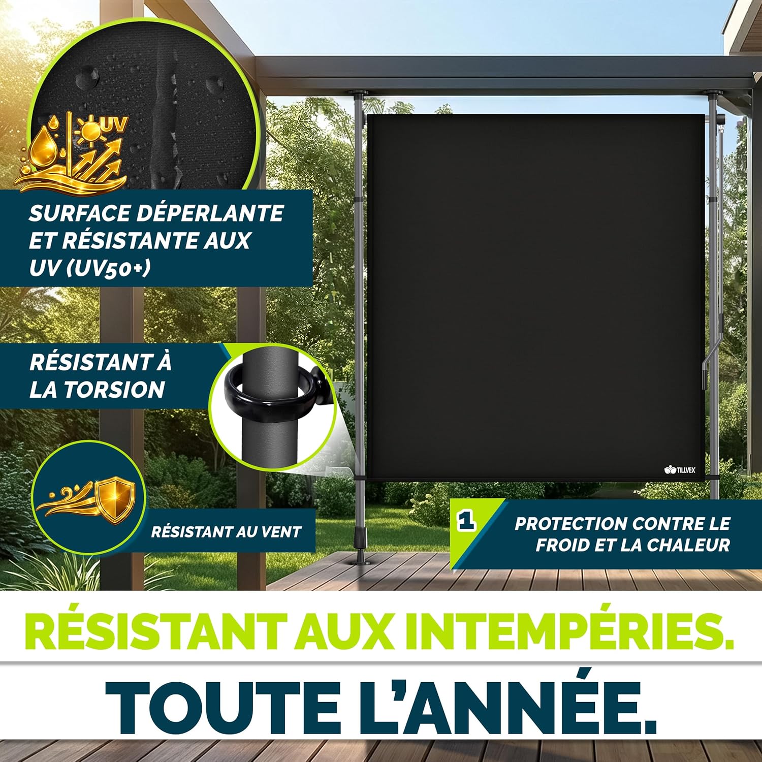 Thumbnail 5 de Tillvex Store Vertical 150 x 310 cm Noir avec manivelle – brise-vue extensible et sans perçage