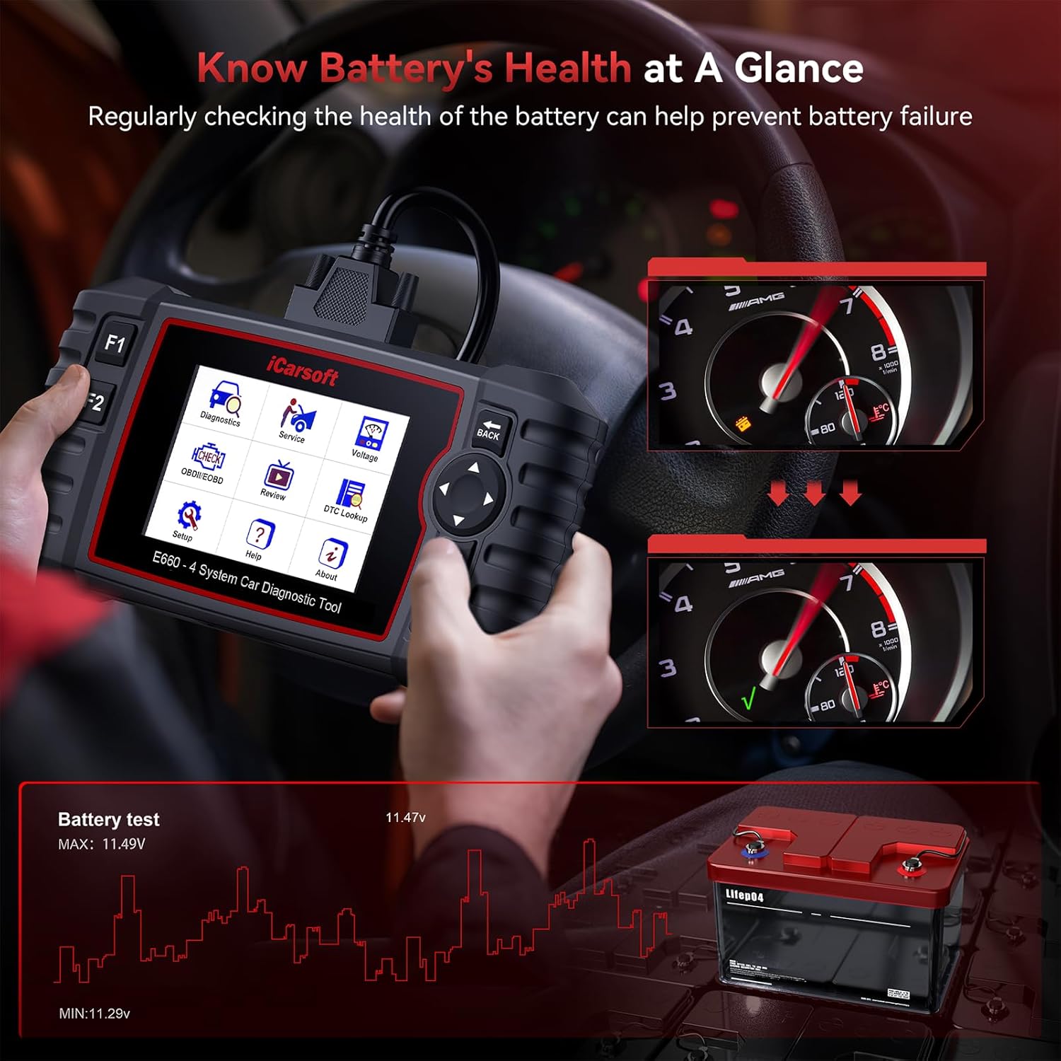 Detalle 1 de iCarsoft E660 OBD2 Scanner (E660) – engine, ABS, SRS diagnostics plus reset services