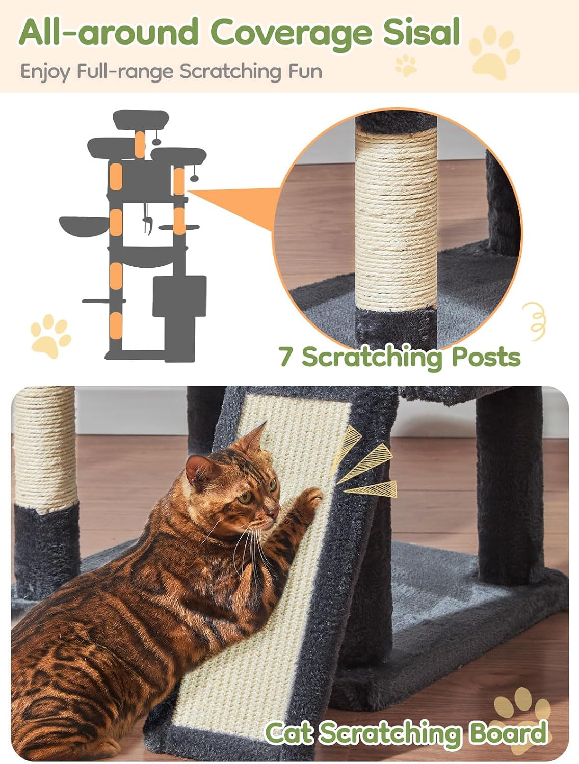 Detalle de Taoqimiao MS047G Cat Tree (193 cm) with 7 Sisal Scratching Posts, Multi-level Condos and Metal Hammock