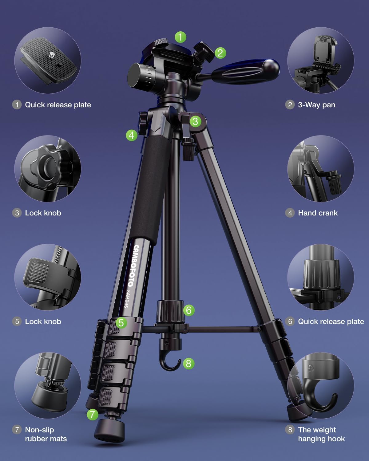 Detalle 2 de CAMBOFOTO 74" Camera Tripod lightweight aluminium tripod stand