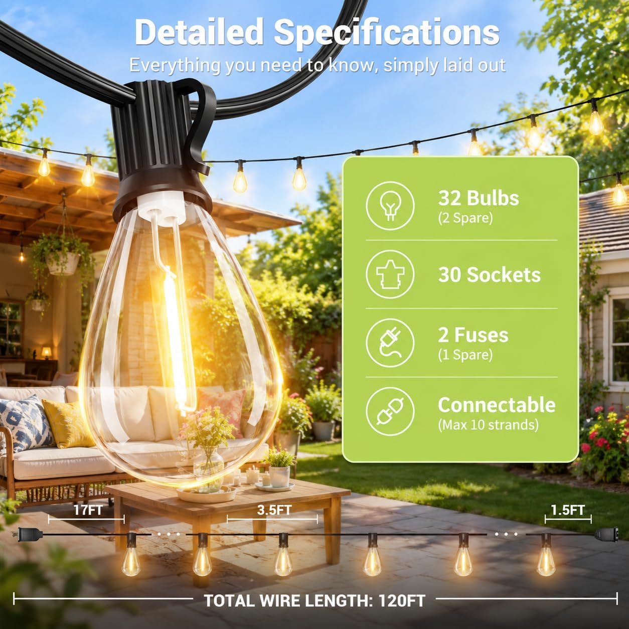 Detalle 2 de SUXWIC S11 120 ft Outdoor String Lights, 2700K Warm White LED Edison Bulbs