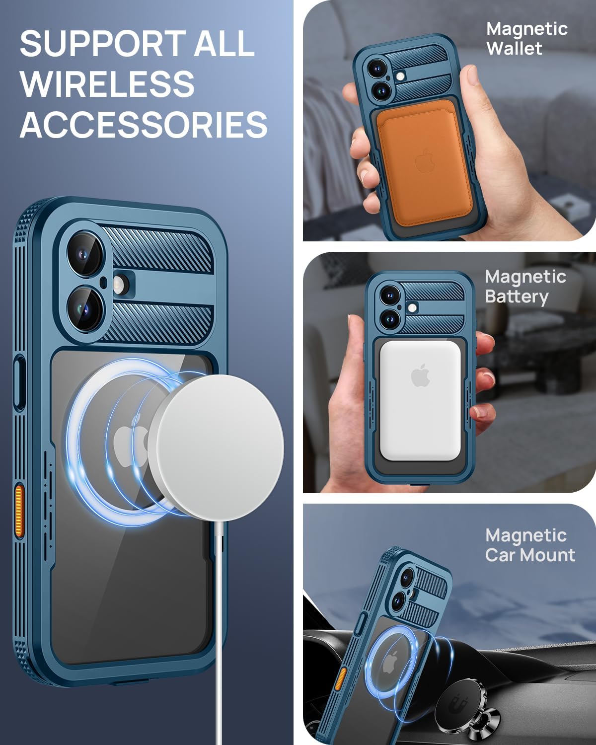 Detalle de Lanhiem LM-IPH16-01 iPhone 16 Waterproof Case, Blue, Magnetic