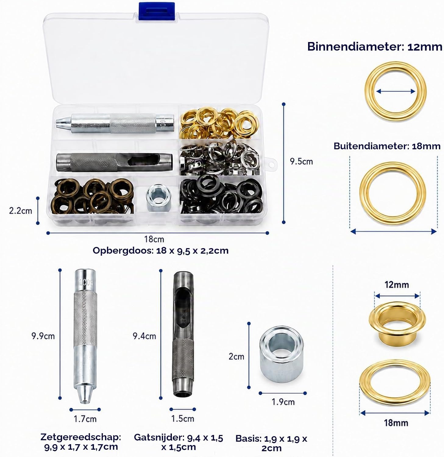 Detalle 2 de Zocipro HBT-D112 oogjestangset met 100 metalen ogen van 12 mm in 4 kleuren