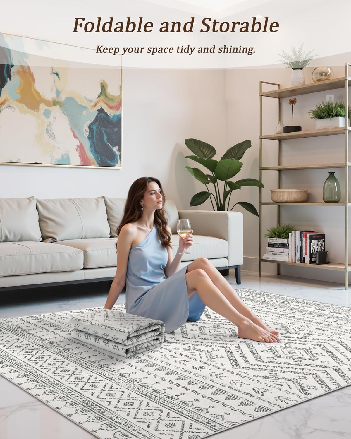 Detalle de Miukiki 8x10 Moroccan Washable Area Rug with Non-Slip TPR Backing (Low Pile, Grey)