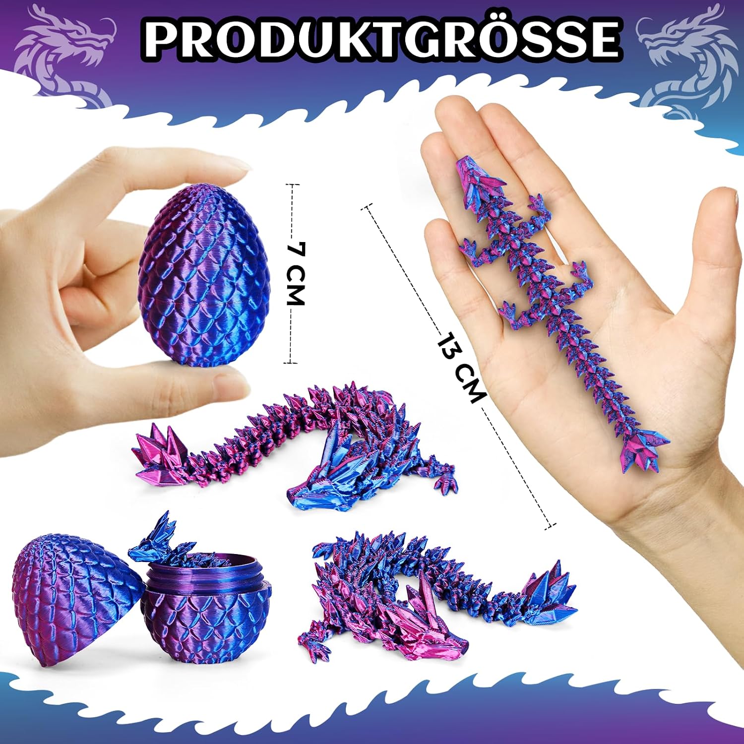Detalle de zhancydeal 4er Set 3D Drachenei mit Drache – bewegliche 13 cm Drachenfiguren aus PLA (7 cm Eierschale) für Kinder ab 5–9 Jahren