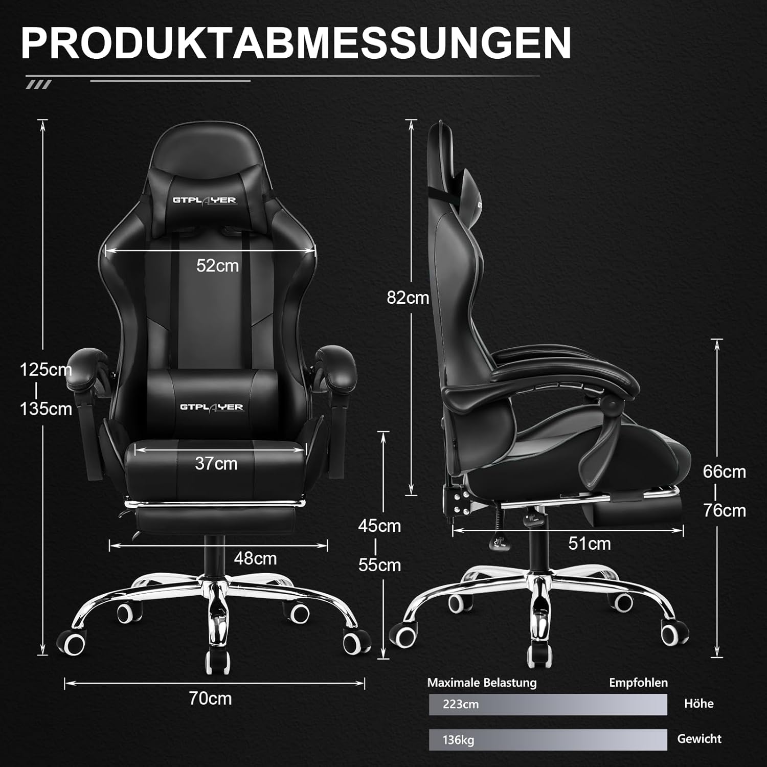 Thumbnail 1 de GTPLAYER Gaming-Bürostuhl mit Massage-Lendenkissen, Kopfstütze und Fußstütze (bis 150 kg) – schwarz
