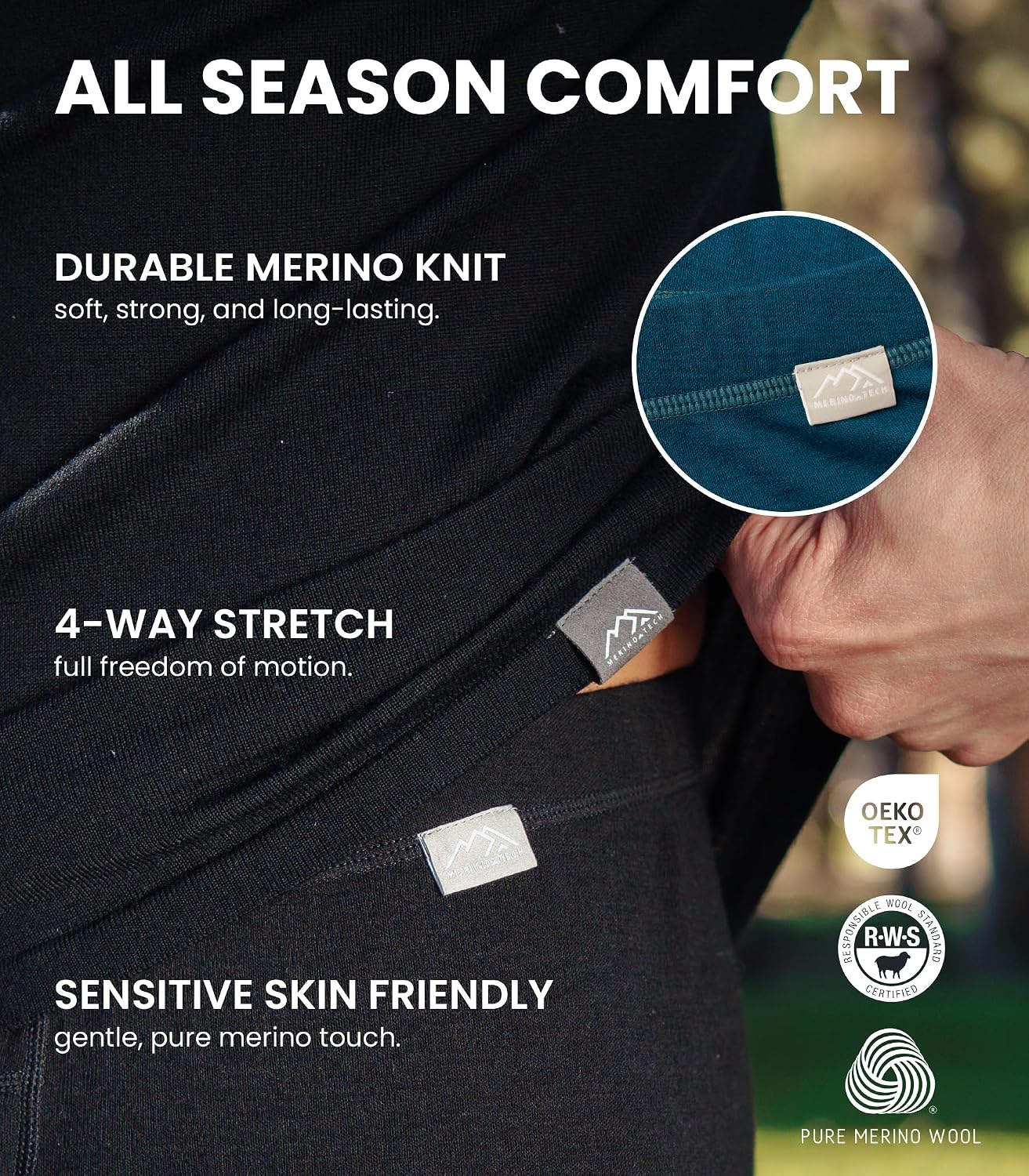 Thumbnail 3 de Merino Wool Base Layer Bottoms for Men — 100% Merino Heavyweight/Midweight/Lite Thermal Underwear