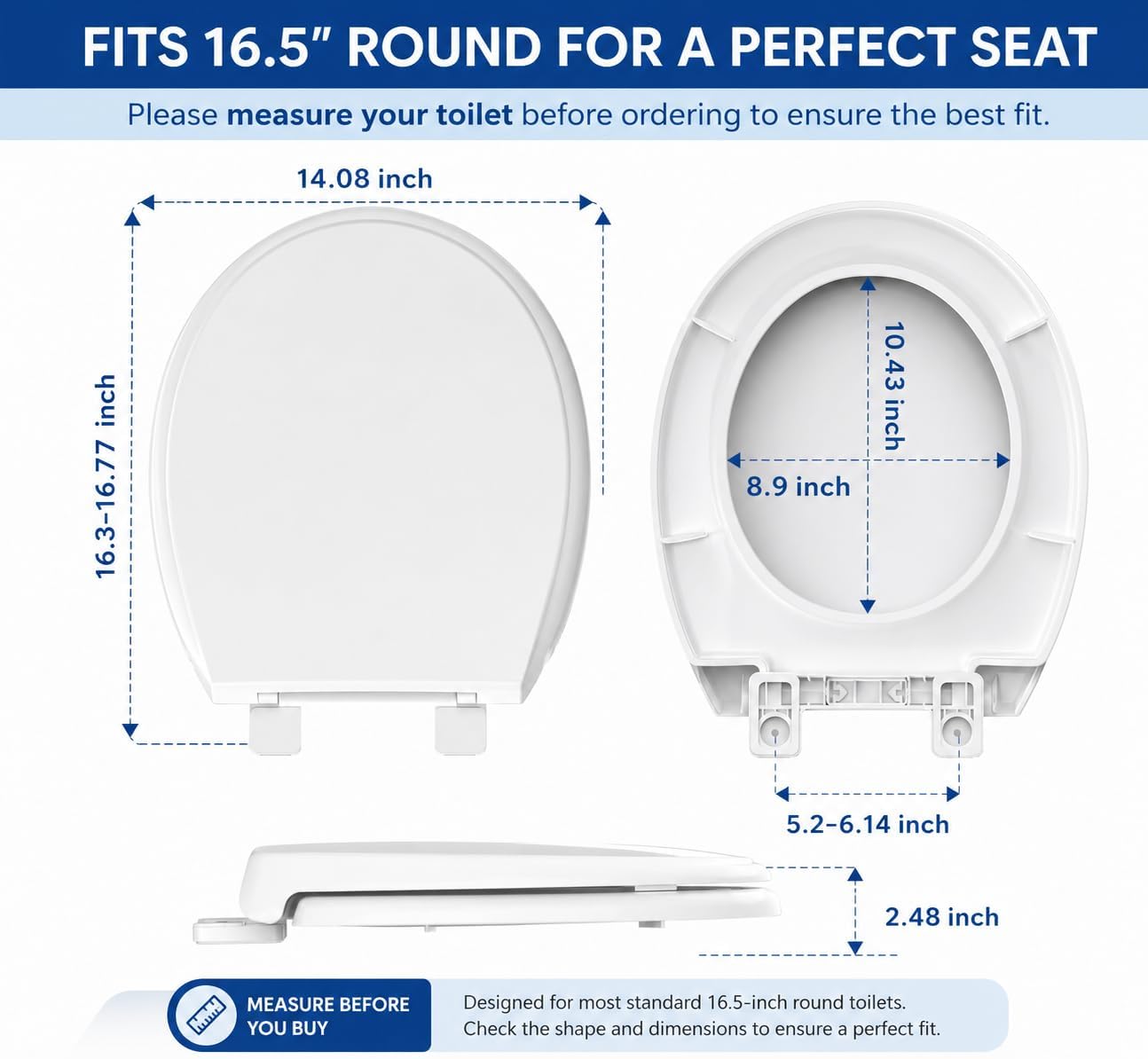 Detalle 1 de Meydrdou CCP005 Round Toilet Seat, 16.5-Inch Soft-Close PP Plastic, White