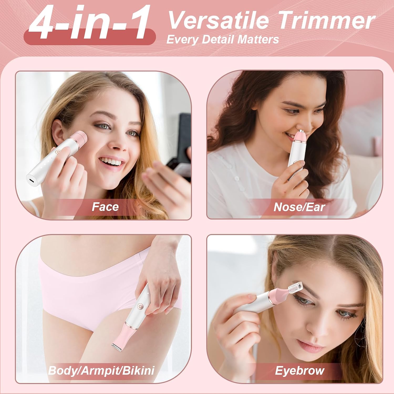 Detalle de TeethBliss 4-in-1 Bikini Trimmer Women: oplaadbaar scheerapparaat met vier koppen