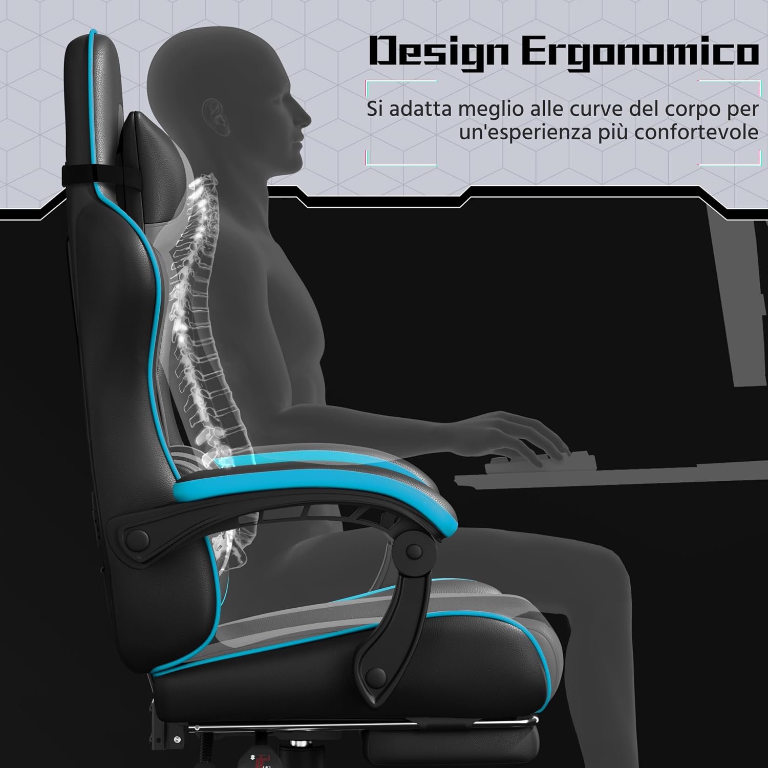 Thumbnail 6 de Yaheetech sedia gaming ergonomica massaggiante reclinabile con poggiapiedi e supporto lombare, grigio