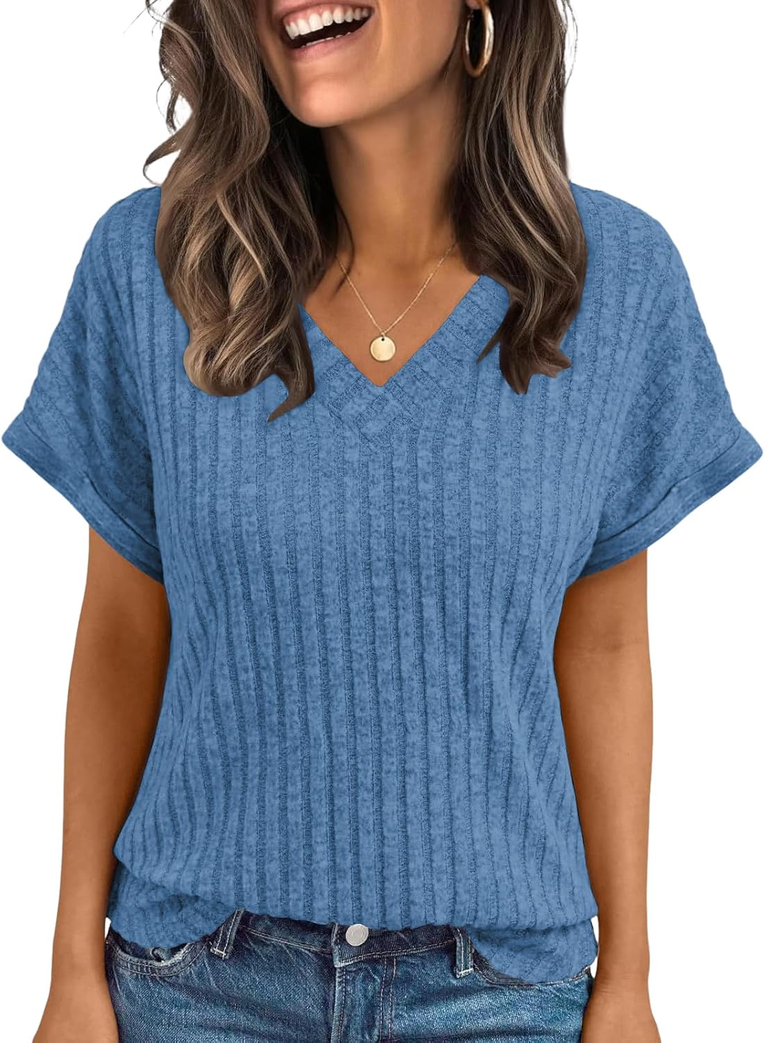 Thumbnail 5 de Cuptacc Damen Leichtes V-Ausschnitt Kurzarm Shirt – Basic Tops für Sommer