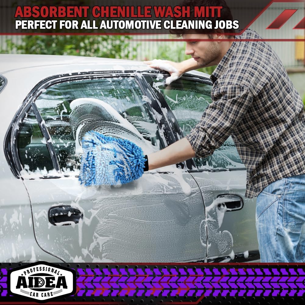 Detalle de AIDEA Car Wash Mitt Microfiber 2PK — Extra Large, Scratch-Free Double-Sided Chenille Mitt (Blue) for Cars, Boats & More