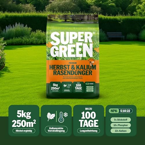 Detalle 2 de SUPERGREEN Herbst- & Kalium-Rasendünger Langzeit bis 100 Tage – 5 kg für 250 m², NPK 5-10-22, nitratfrei