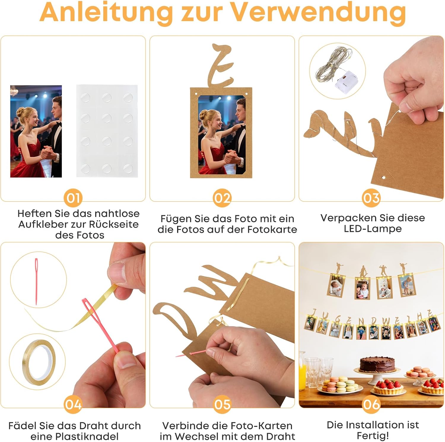Thumbnail 2 de Seutgjie Fotogirlande zur Jugendweihe mit LED-Lichterkette und 15 Glitzerkarten für Fotos „Endlich Erwachsen“