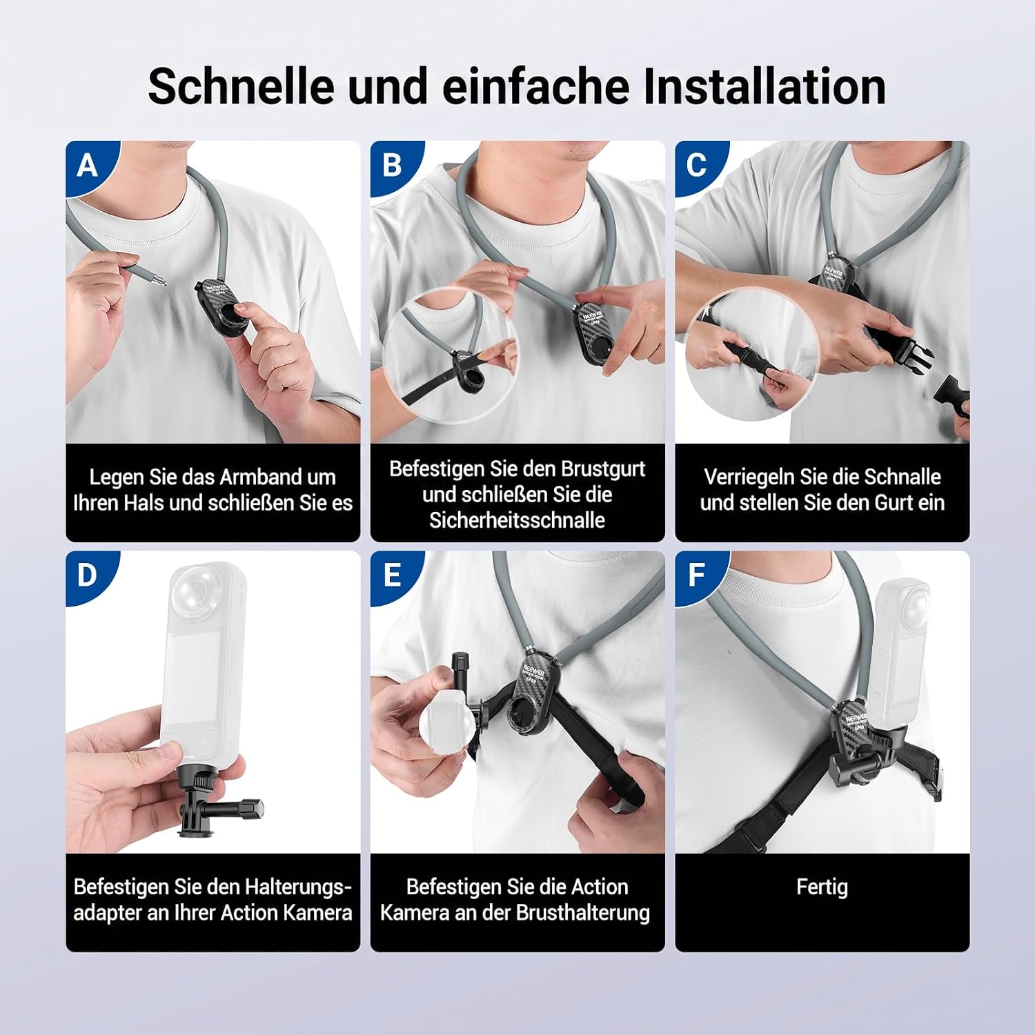 Detalle de NEEWER GP26 Hals-Halterung mit Brustgurt – kompatibel mit GoPro, Insta360, DJI Action Cams (GP49)