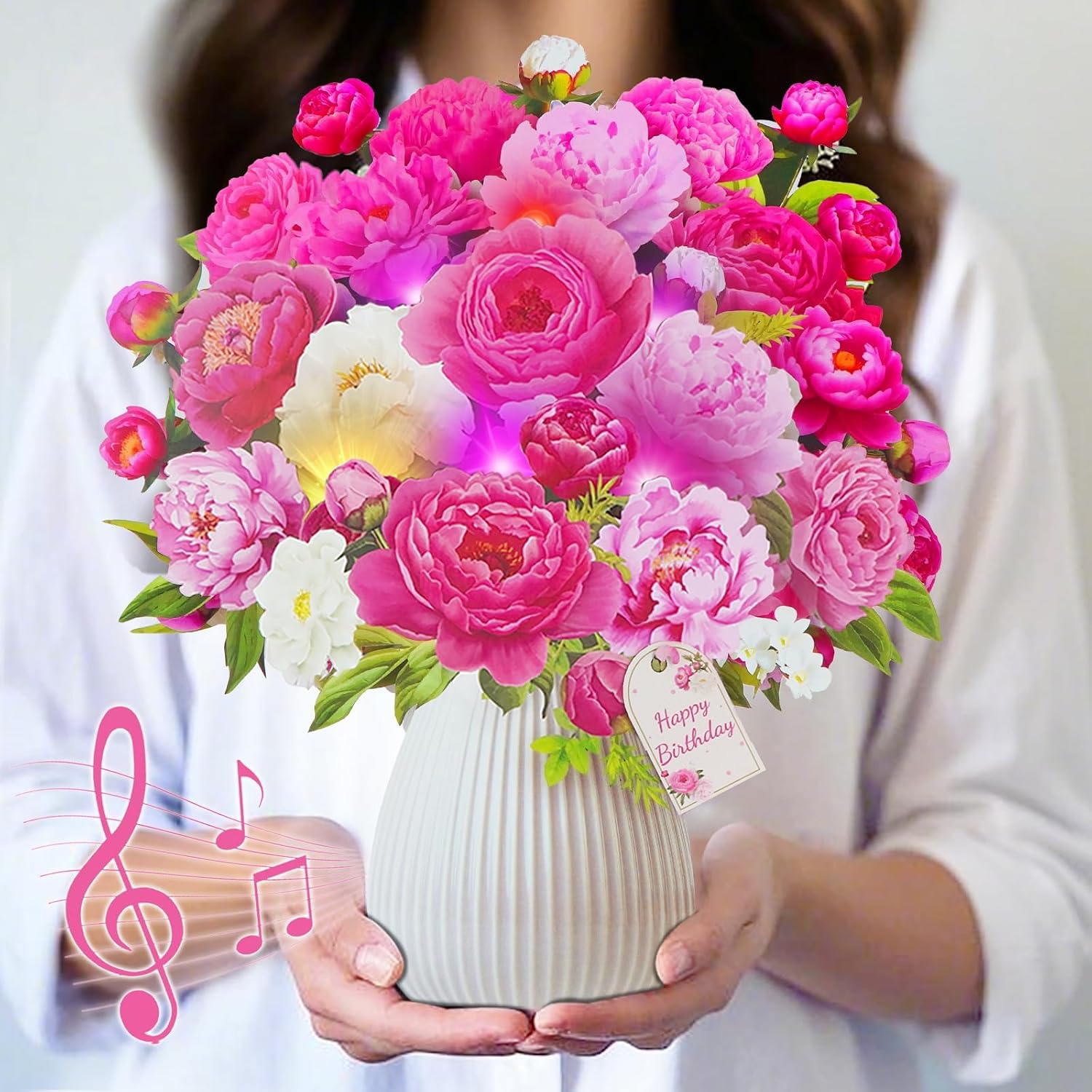 Detalle de WUJUN 3-in-1 Pink Peony Pop Up Birthday Card with Music & Lights (10 inch) – For Mum, Wife, Daughter