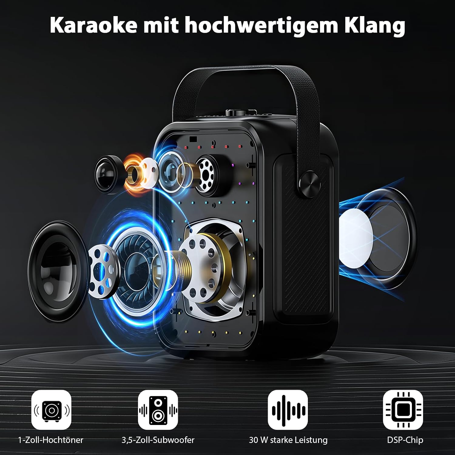 Detalle 2 de Karaoke Maschine für Erwachsene – 2 kabellose Mikrofone, tragbarer Bluetooth-Lautsprecher, TWS-Stereo, Bassregelung und LED-Beleuchtung
