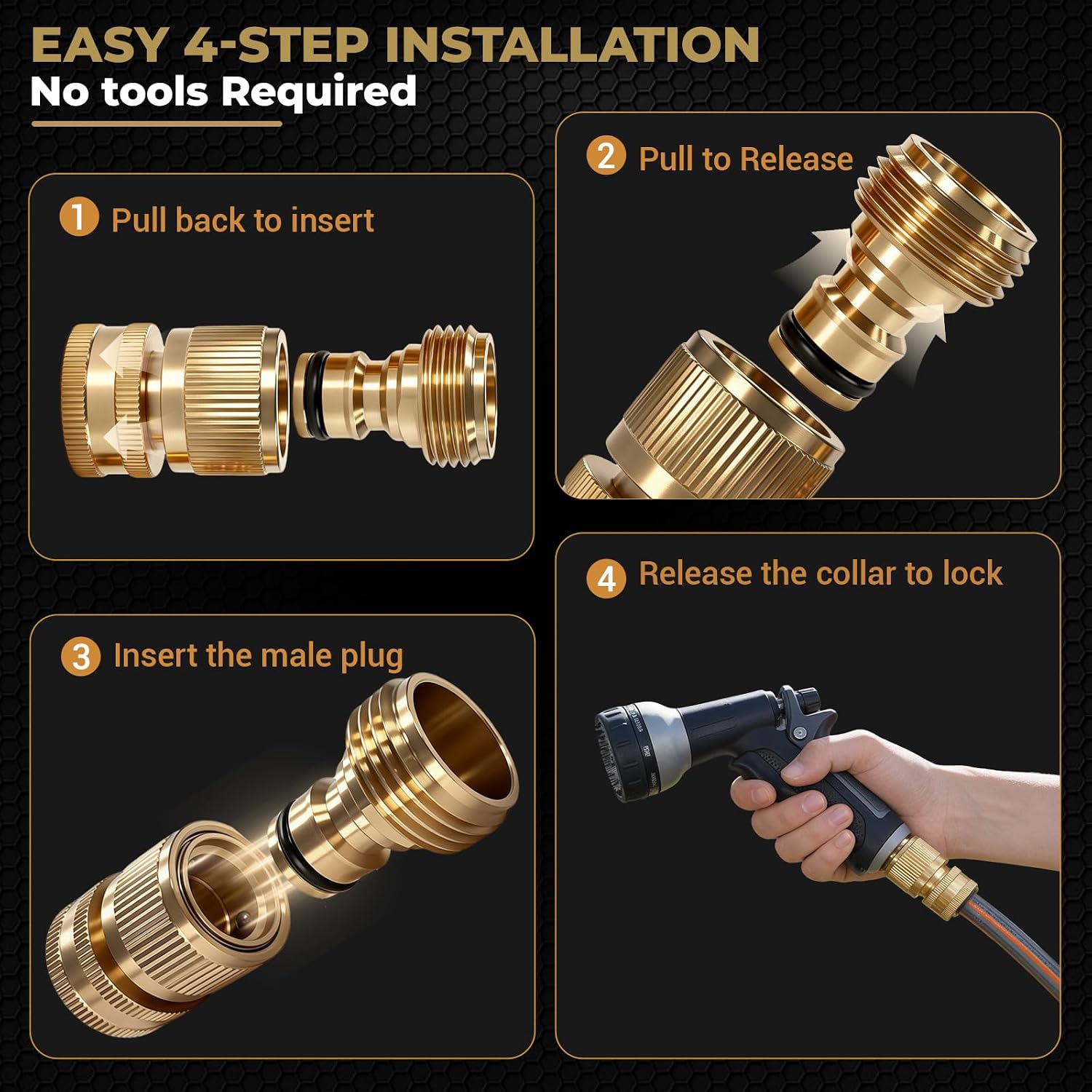 Detalle 2 de HQMPC Solid Brass 3/4" GHT Garden Hose Quick Connect Set (2 Sets, 2 Female + 2 Male)