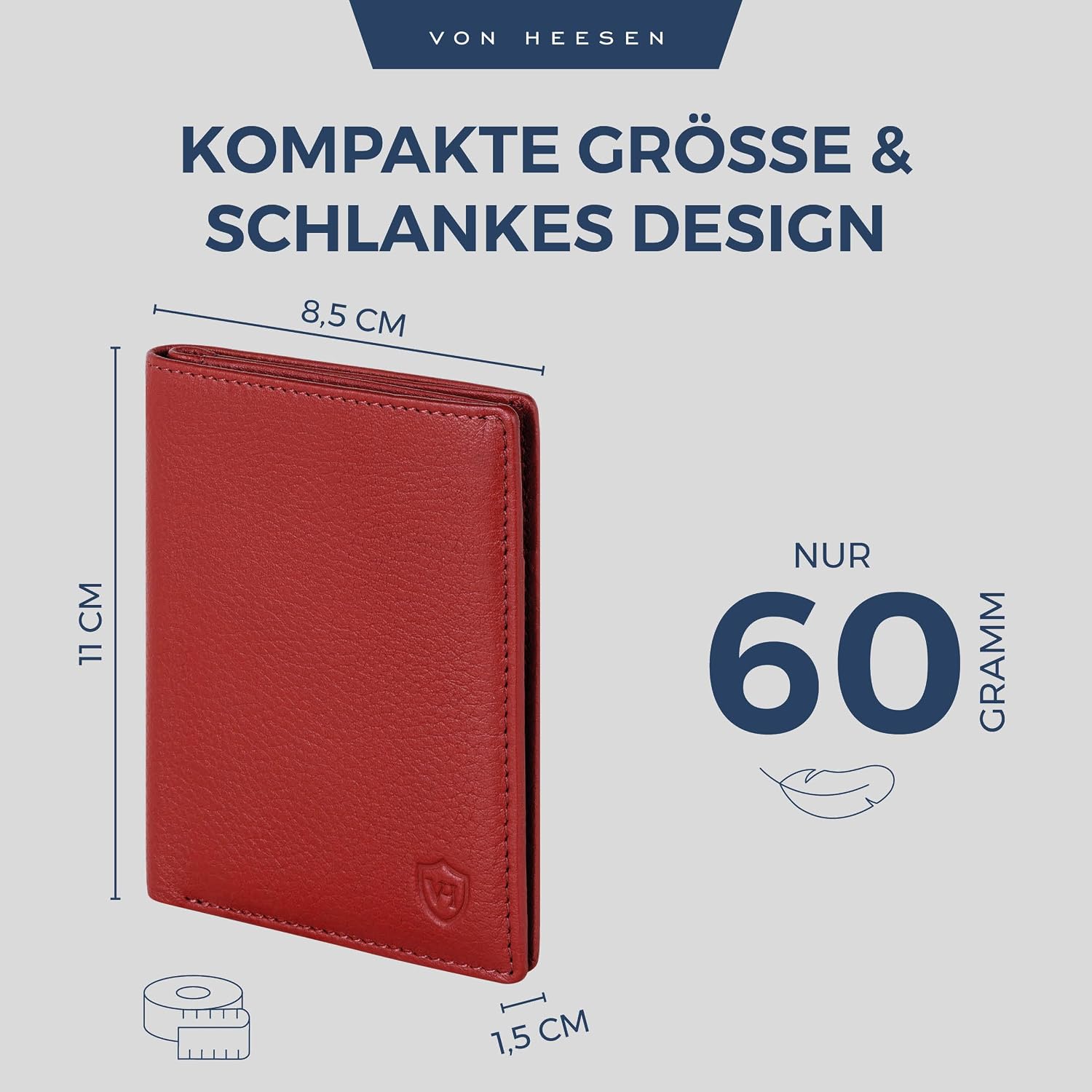 Detalle de VON HEESEN Leder-Geldbörse mit RFID-Schutz (Rot) – Herren & Damen, Echtleder