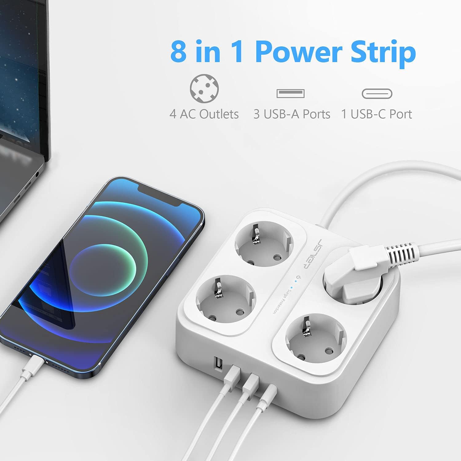 Thumbnail 1 de JSVER Steckdosenleiste Überspannungsschutz 4 Fach mit USB-C & USB-A, 5 m Kabel
