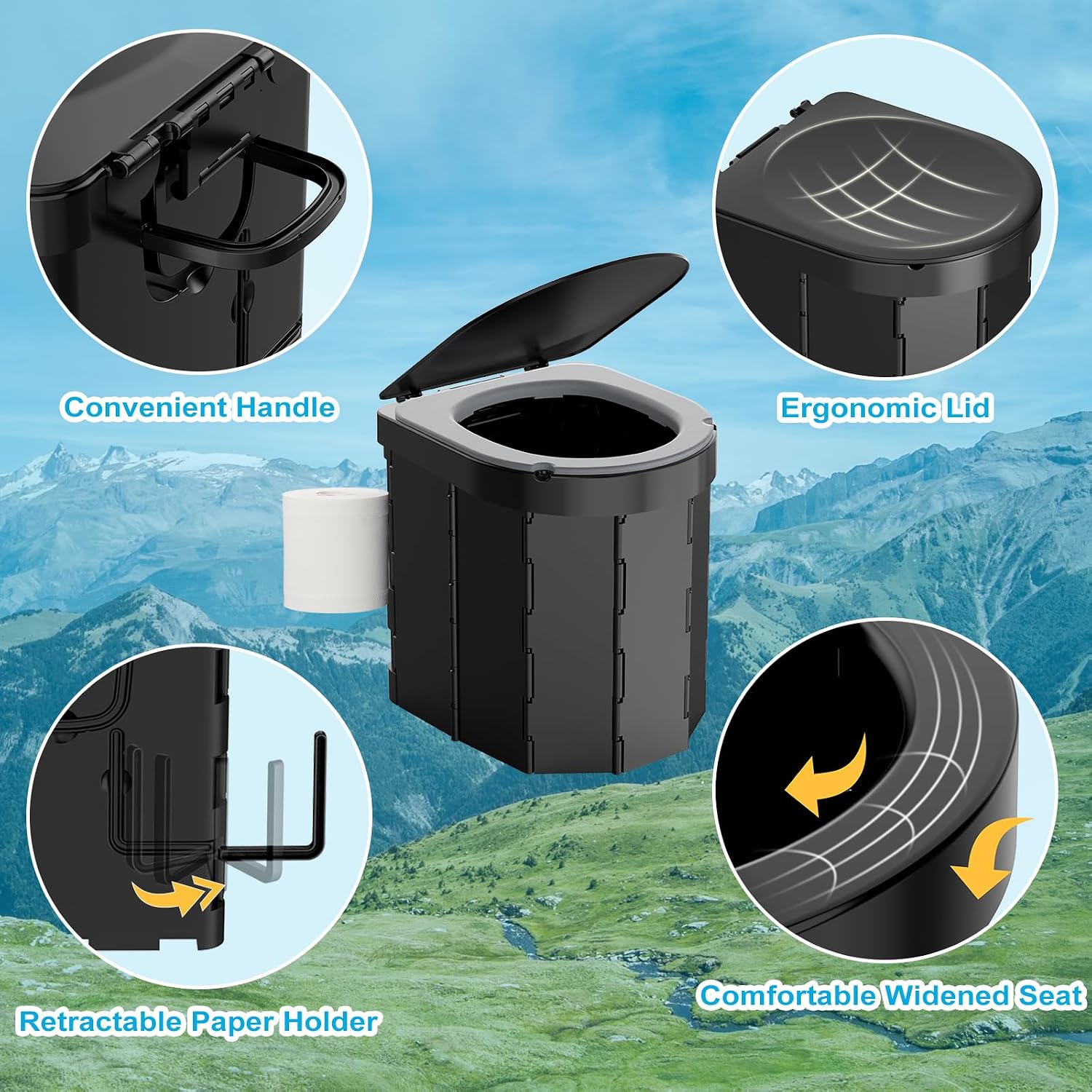 Detalle 2 de WADEO opvouwbaar campingtoilet voor volwassenen met deksel en afvalzakken