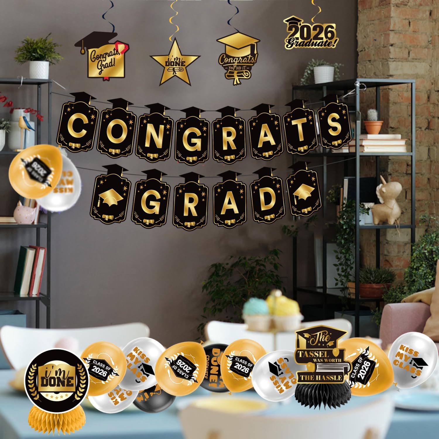 Detalle de Graduation Decorations 2026 Gold Themed Set (Congrats Grad Banner, Backdrop, Balloons & Streamers) — Complete Party Supplies for Class of 2026