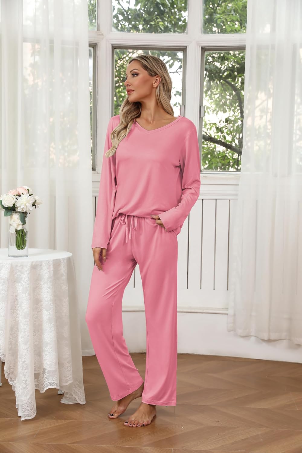 Thumbnail 3 de Ekouaer Women's 2-Pack Long-Sleeve Pajama Sets with V-Neck Tops and Pocket Pants