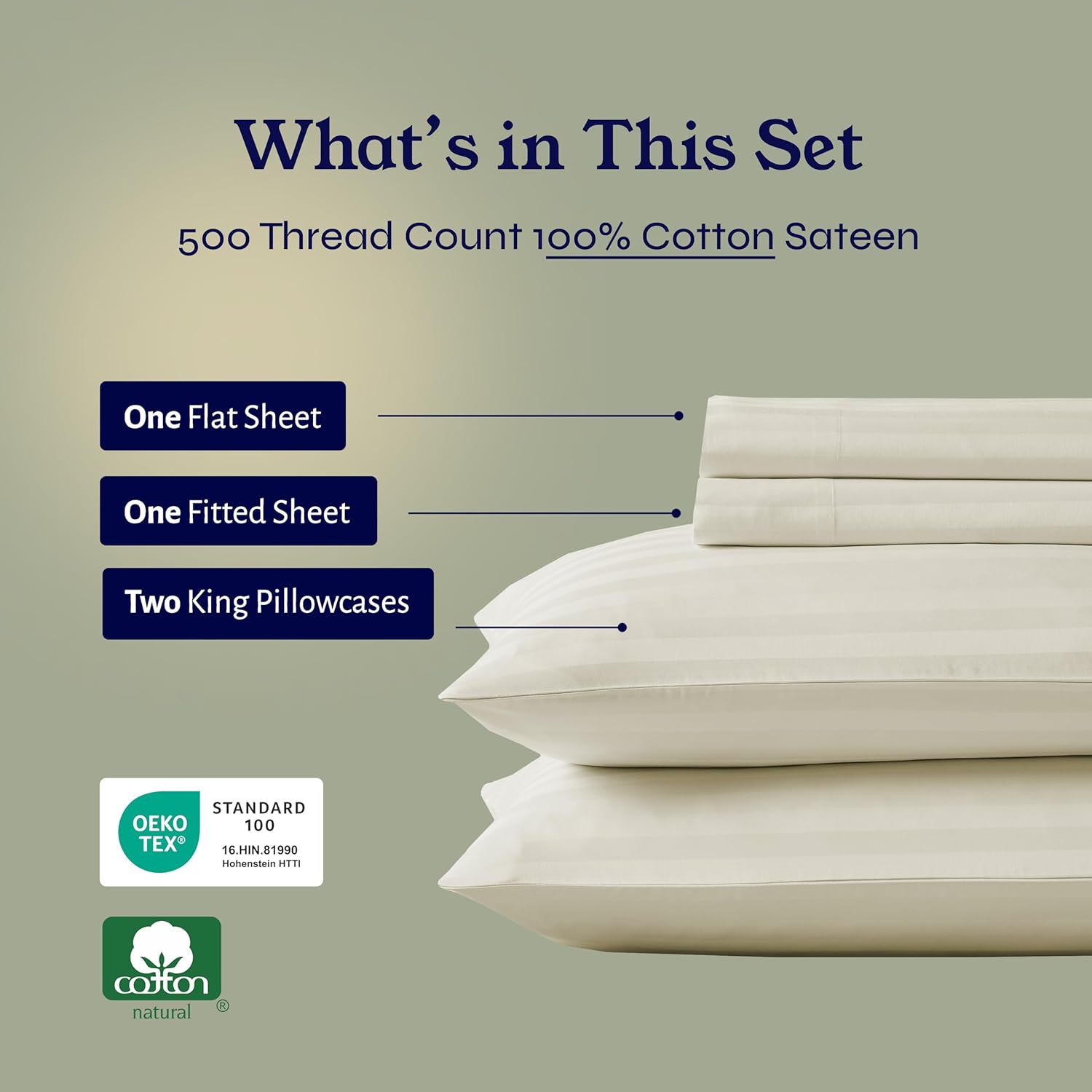 Thumbnail 4 de California Design Den 4-Piece King Sheet Set (500 Thread Count Sateen, Deep Pocket) - Striped Ivory