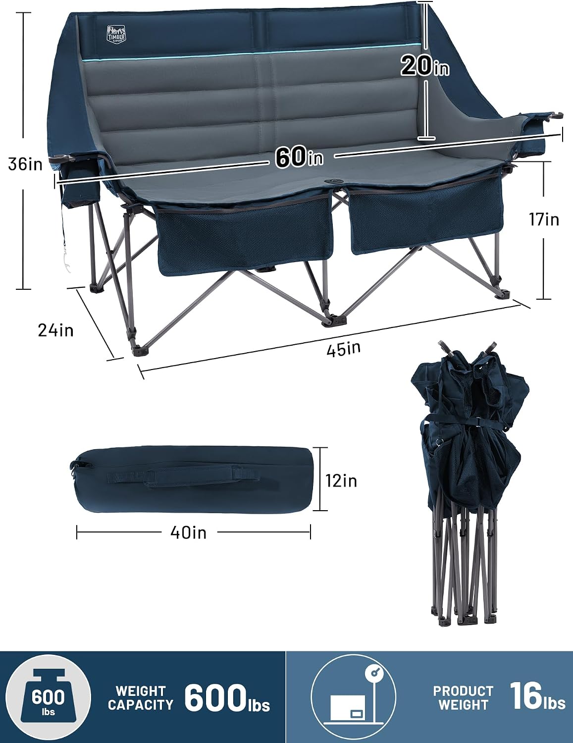 Thumbnail 1 de TIMBER RIDGE Oversized Double Camping Chair, 600D Polyester Loveseat