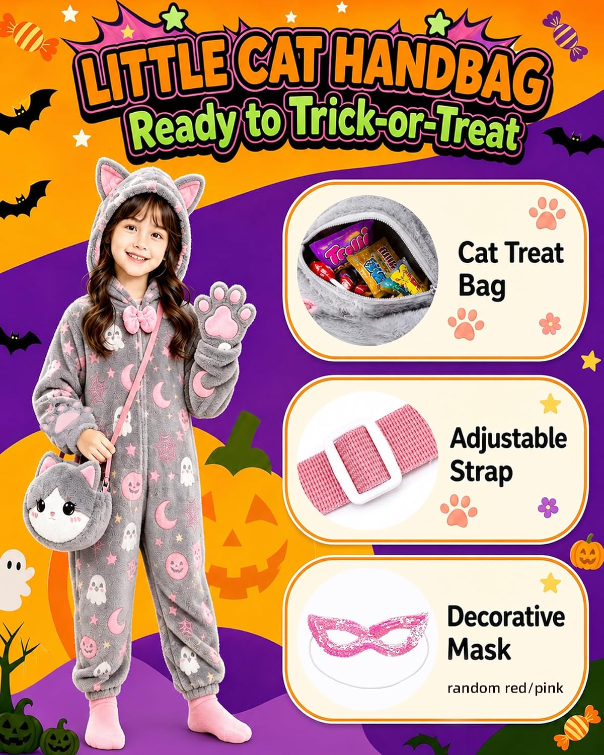 Thumbnail 3 de Gifts2U Glow-in-the-Dark Cat Costume for Kids, Flannel Onesie with Purse