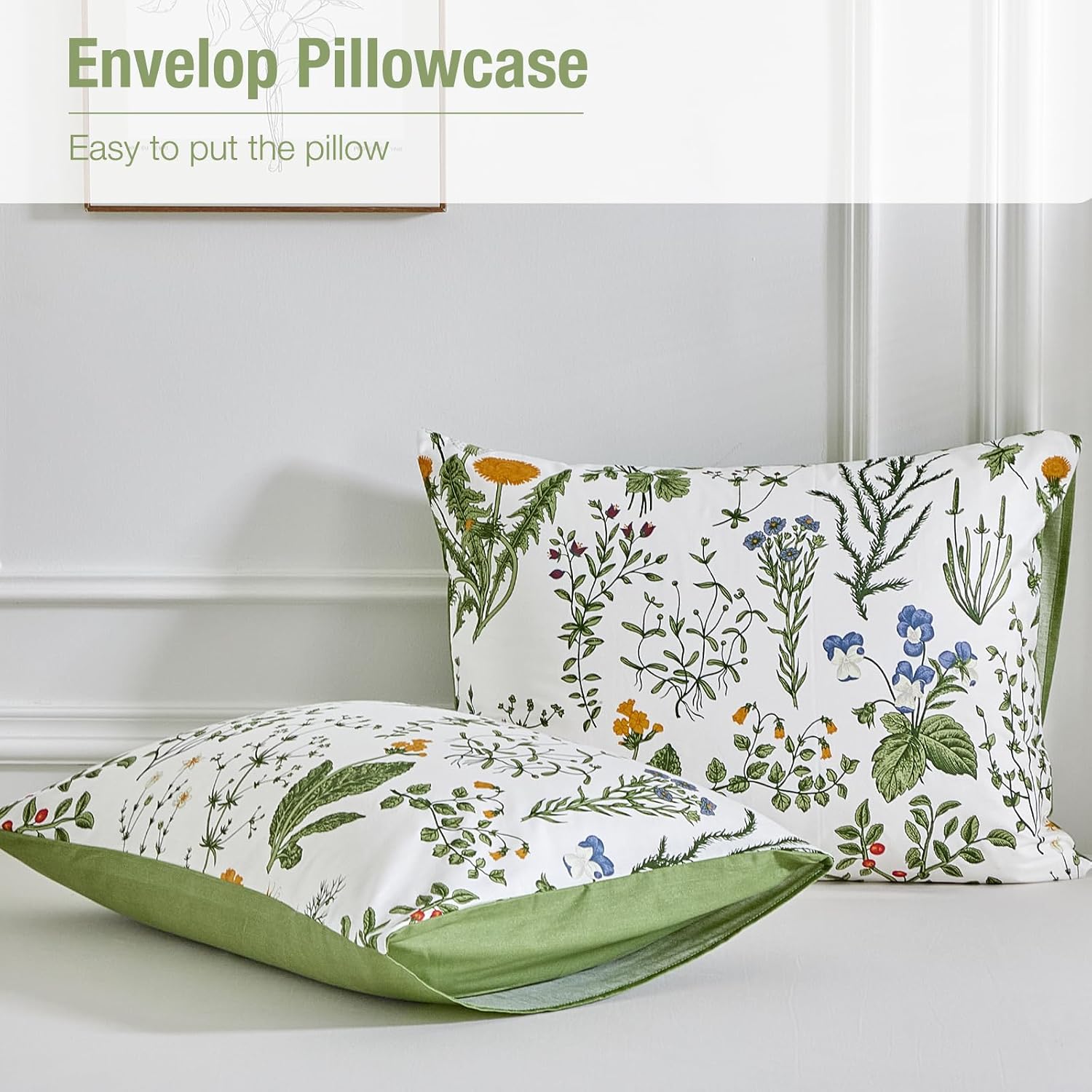 Thumbnail 6 de Lekesky 200 Thread Count Cotton Super King Duvet Set with Floral Green Pattern