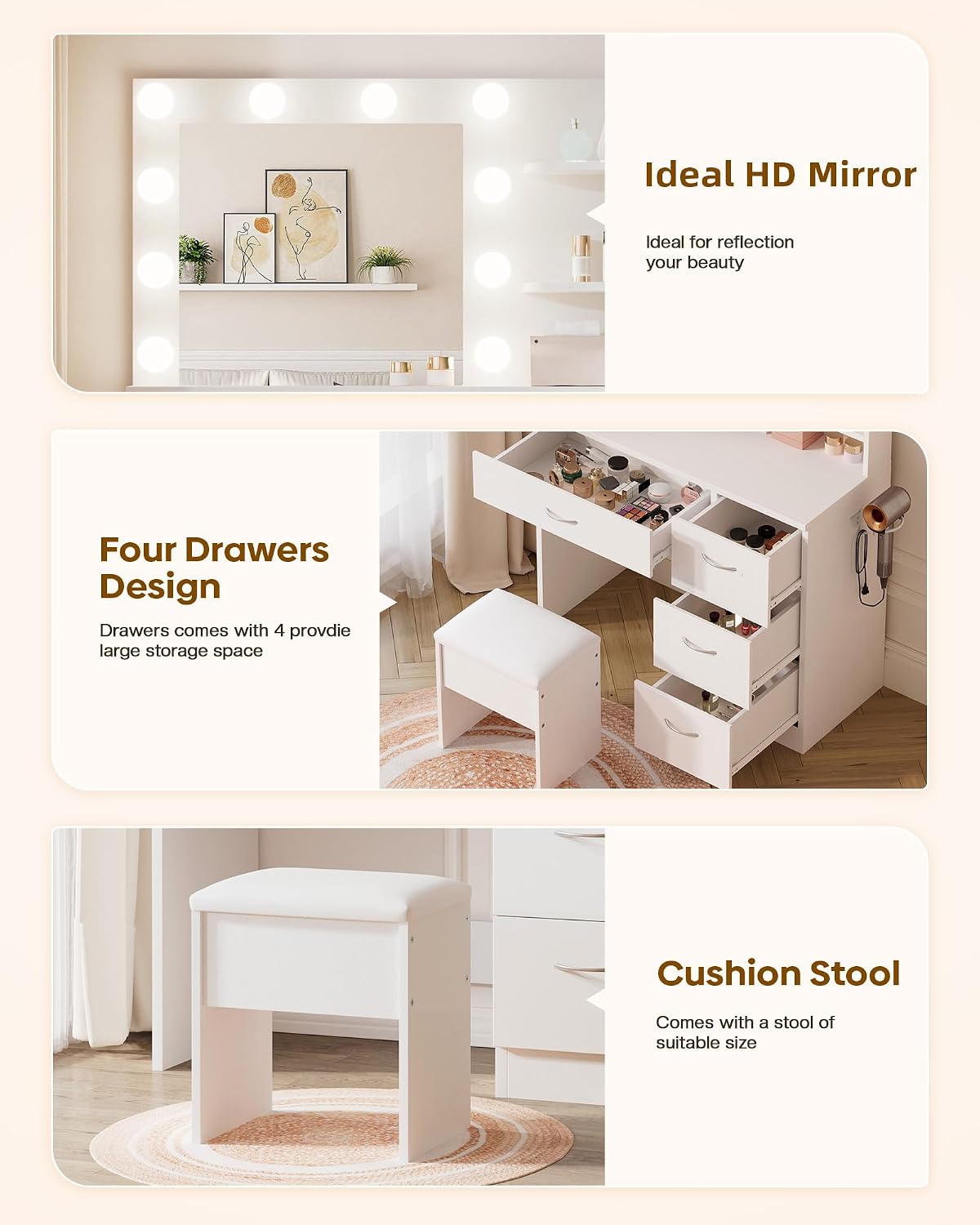 Detalle de LIVELYGLOW RXUS-NDZK-White Makeup Vanity Desk with 10 LED Bulbs and 4 Drawers