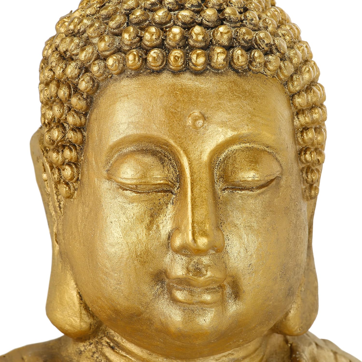 Detalle de Relaxdays Statue de Bouddha pour jardin dorée – Résistante aux intempéries, assise, dimensions 70 x 45 x 35 cm