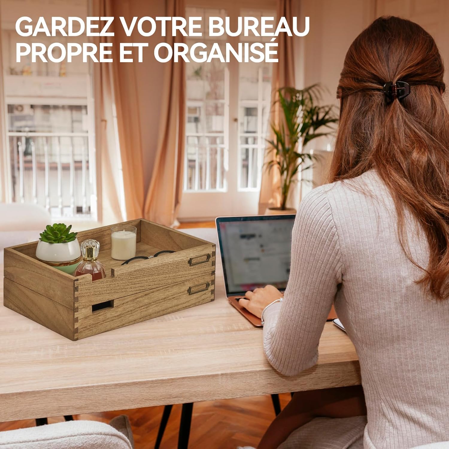 Thumbnail 6 de KIRIGEN stapelbare houten bureau-organizers, set van 2 met metalen labelhouders