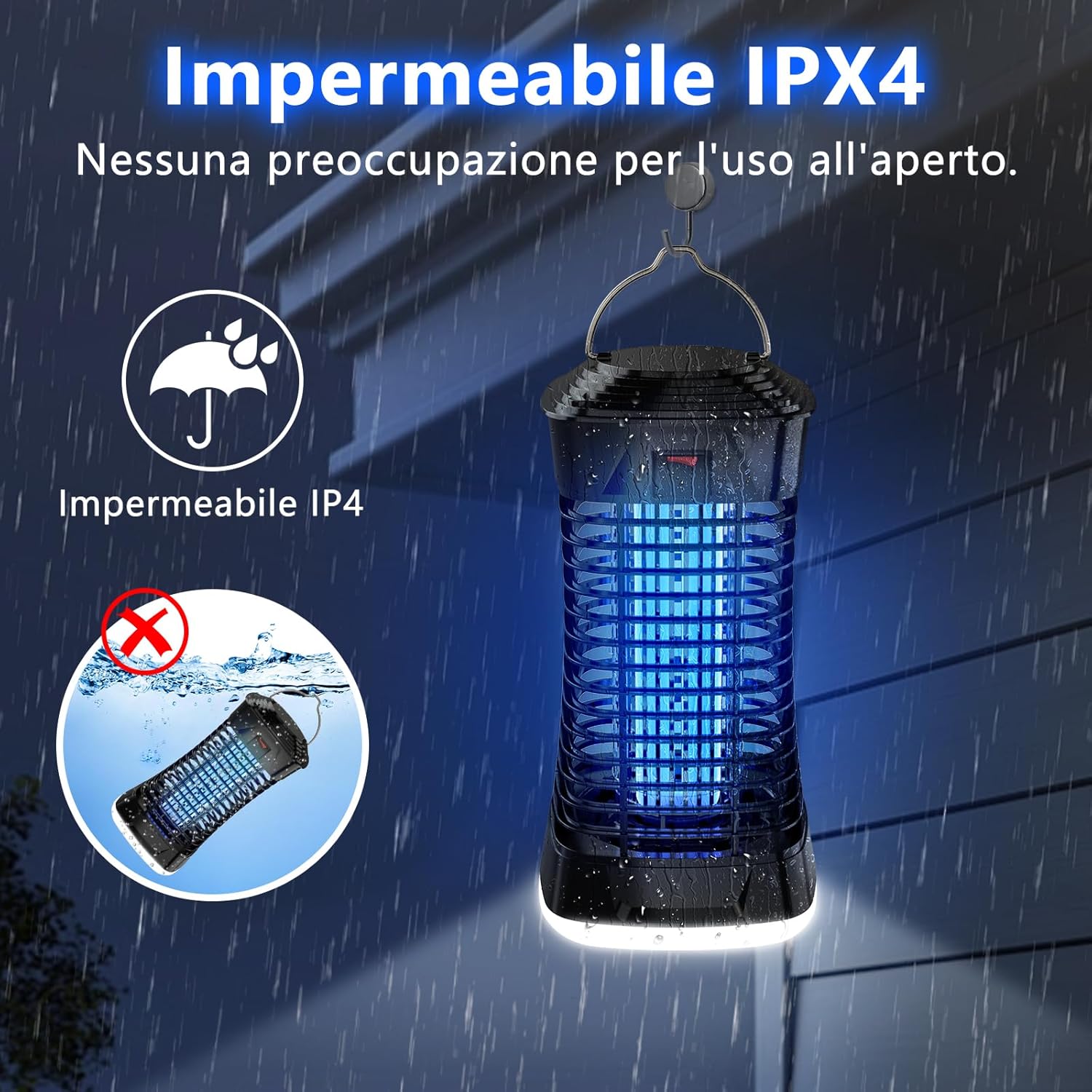 Detalle de Lampada Antizanzare Elettrica 4200V 15W con Luce LED e Griglia ad Alta Tensione – Copertura fino a 150 m², IPX4