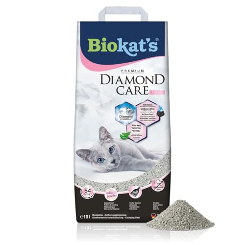 Detalle de Biokat's Diamond Care Fresh Katzenstreu mit Babypuder-Duft – Feine Klumpstreu aus Bentonit mit Aktivkohle und Aloe Vera (10 L)
