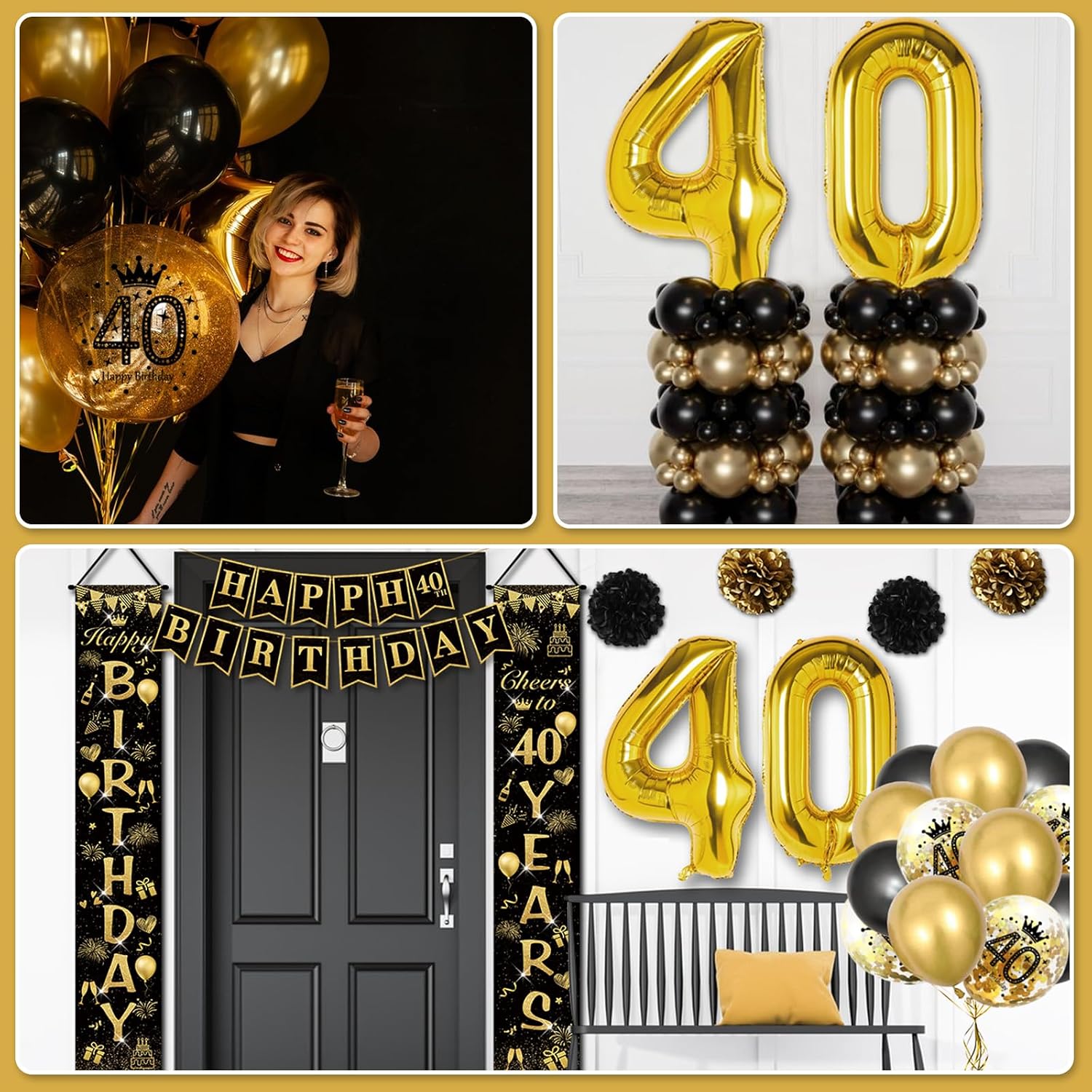 Thumbnail 6 de Décoration anniversaire 40 ans noir et or (ballons, bannière « Joyeux Anniversaire » et rideau de pluie) pour femme ou homme