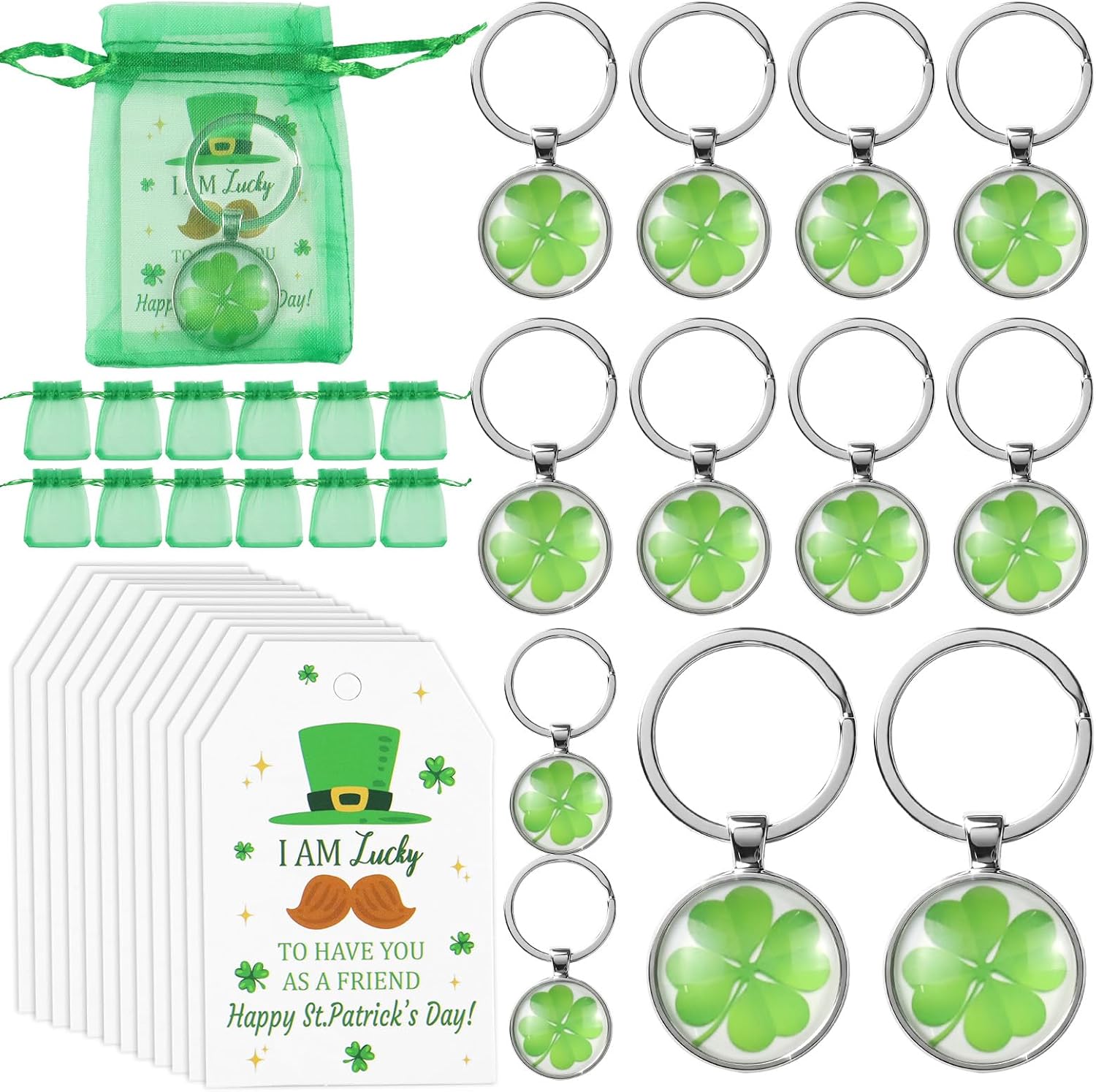 Set da 12 portachiavi con quadrifoglio e trifoglio MCTNCT (acciaio inossidabile) con biglietti di benedizione