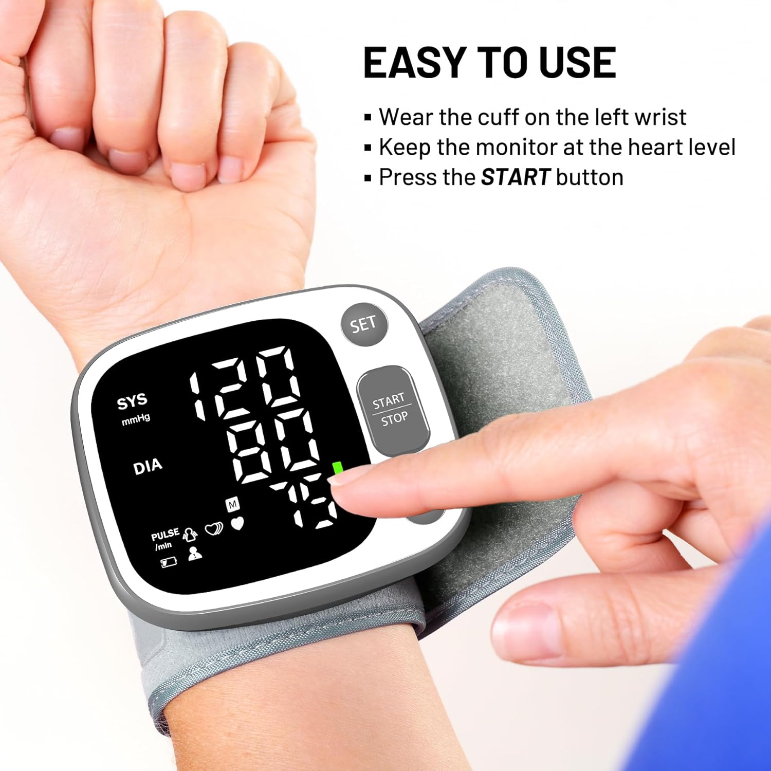Detalle 2 de Oklar Home Use Wrist Blood Pressure Monitor with Voice Broadcast, 240 Memory (2 Users), USB-C Rechargeable, LED Backlit Display