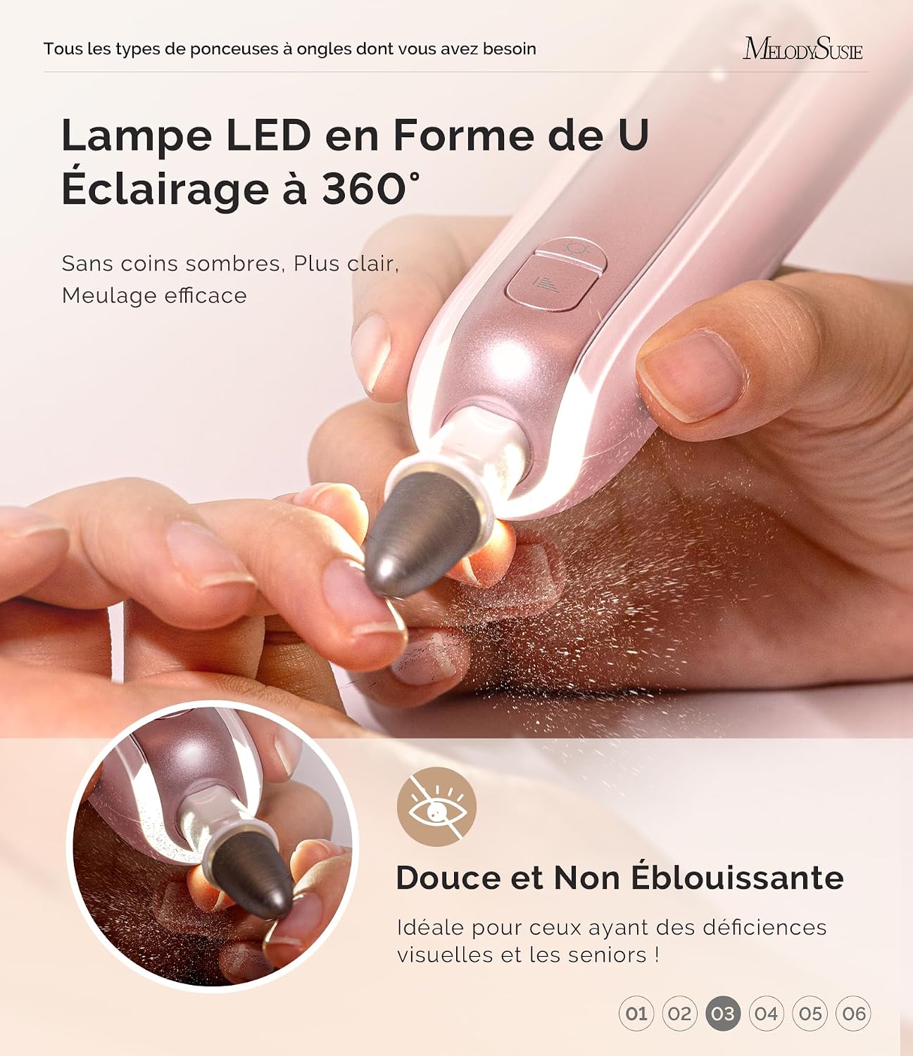 Detalle de MelodySusie ponceuse pour ongles PC760G – kit manucure/pédicure sans fil avec 8 embouts et LED 360°, 5 vitesses