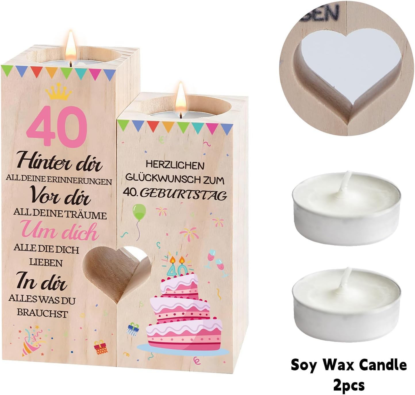 Detalle 2 de Belillpipi 40. Geburtstag Kerzenhalter-Set aus Holz – Herz-Design, zwei Halter mit Teelichtern