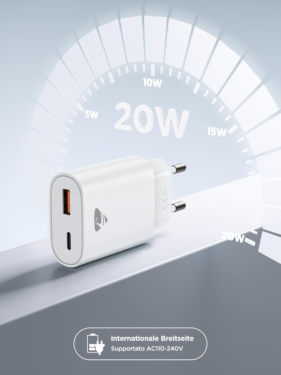 Detalle de Caricatore USB-C 20W 2-in-1 (2 porte) 1x USB-A e 1x USB-C – Yosou